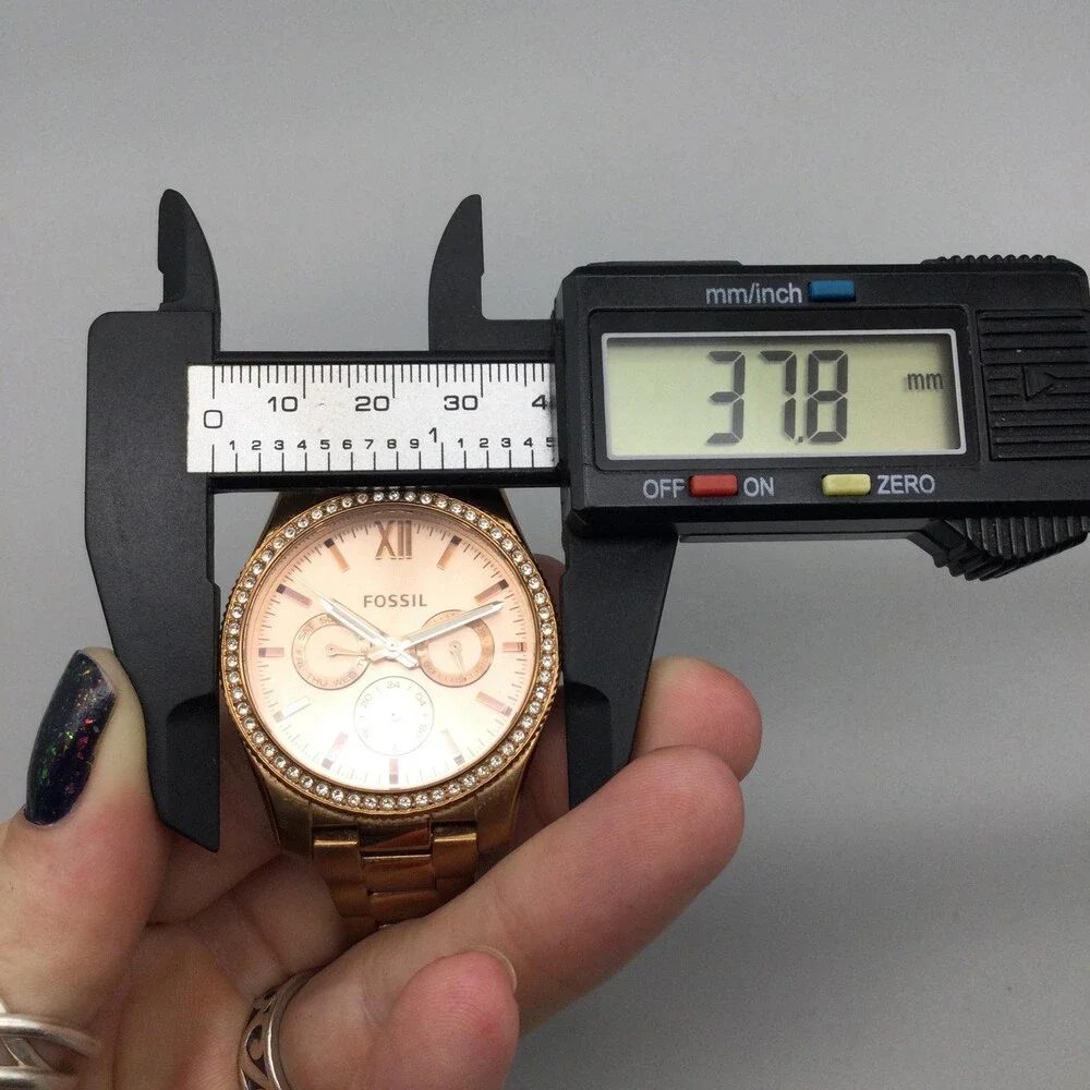 Fossil Womens Watch 38mm Rose Gold Tone Crystals Day Date New Battery 6.75